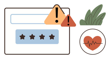 Password input field with warning signs representing error alerts, heart and heartbeat monitor symbol for health or security context, and green plants accentuating balance. Ideal for cybersecurityのイラスト素材