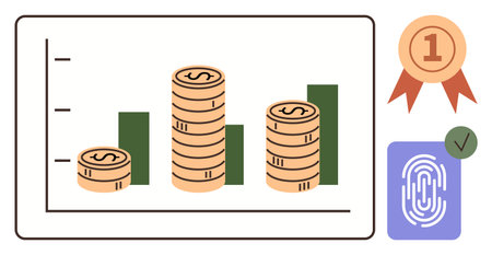 Stacked coins representing growth, bar graph for progress, award badge for success, fingerprint icon for data security, approval check. Ideal for finance, success, progress, analytics securityのイラスト素材