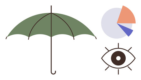 Green umbrella symbolizes protection, eye for observation, and pie chart for data analysis. Ideal for security, analysis, insurance, awareness, data protection strategy safeguarding. Simple flatのイラスト素材