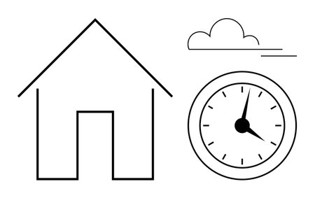 Minimalist house outline, clock showing time, and cloud suggesting weather and outdoor conditions. Ideal for real estate, architecture, planning, time management, climate topics, family simple flatのイラスト素材