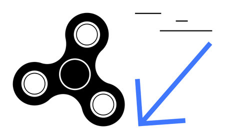 Black fidget spinner beside a bold blue downward arrow with dynamic lines, suggesting movement, focus, trend decline, or productivity concepts. Ideal for analysis, business, marketing, gamingのイラスト素材