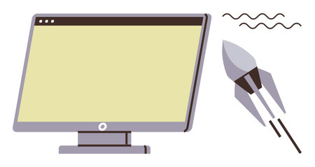 Computer screen and rocket launching with motion lines. Ideal for technology, innovation, growth, startup, speed, online business, creativity. A simple flat metaphorのイラスト素材