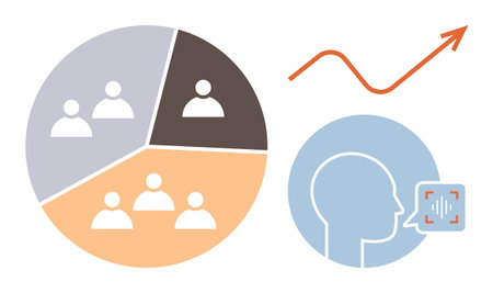 Pie chart with segmented teams, upward graph trend, and human profile with sound recognition. Ideal for marketing, communication, team management, analytics, growth, technology simple flat metaphorのイラスト素材