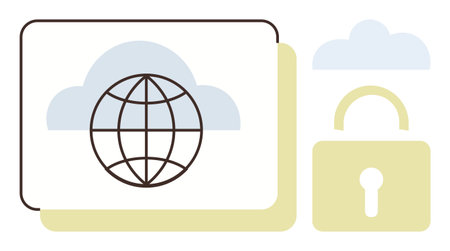 Globe inside folder, cloud icons, and padlock representing data security, connectivity, and cloud computing. Ideal for cybersecurity, data storage, internet privacy, technology encryption fileのイラスト素材