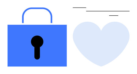Blue padlock and light blue heart with abstract lines, visually depicting emotional safety, trust. Ideal for love, security, relationships, privacy, trust, data protection simple flat metaphorのイラスト素材
