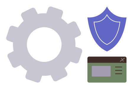 Gear, shield, and browser tab visualizing system settings, security, and online protection. Ideal for cybersecurity, system maintenance, software configuration, data privacy online safety userのイラスト素材