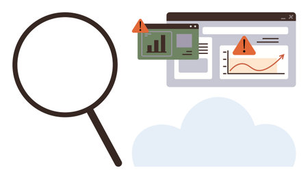 Magnifying glass focusing on cloud storage data interface with warning alerts on reports and charts....