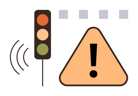 Red, yellow, green traffic light with waves, large triangle warning sign with exclamation mark, crosswalk blocks. Ideal for safety, caution, alertness, road signs transportation communicationのイラスト素材