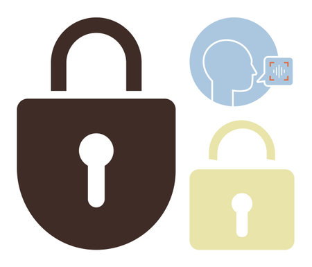 Padlocks in brown and beige, a head silhouette with voice recognition graphic. Ideal for security, privacy, authentication, technology, access control, data protection innovation. Simple flatのイラスト素材