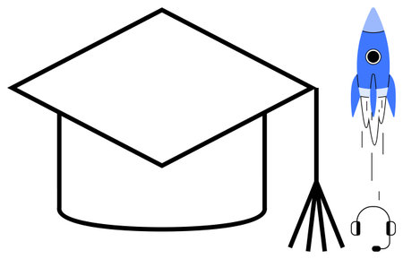 Graduation cap with tassel beside rocket and headset. Ideal for education, innovation, technology, online learning, startups, career growth, e-learning platforms. Simple flat metaphorのイラスト素材