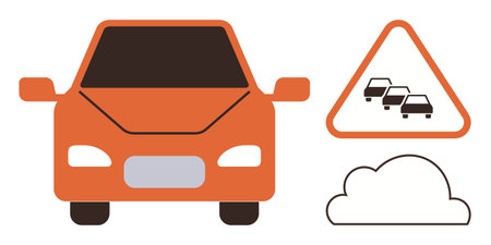 Orange car front view beside a triangular traffic jam warning sign and cloud icon. Ideal for transportation, pollution, traffic control, road safety, urban planning, driving caution, simple flatのイラスト素材