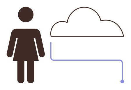 Silhouette of a woman linked to a cloud by a line symbolizing cloud technology, connectivity, and data. Ideal for technology, networking, cloud computing, communication, innovation, storage simpleのイラスト素材