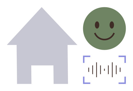 House silhouette, smiling green face, soundwave icon with scanning brackets. Ideal for home automation, technology, voice control, user satisfaction, innovation smart living connectivity. Simpleのイラスト素材