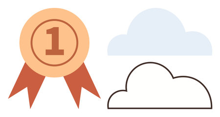Number one award ribbon beside simple cloud shapes symbolizing excellence, inspiration, and goals. Ideal for achievement, creativity, success, motivation, rewards innovation and simplicity. Flatのイラスト素材