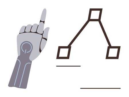 Advanced robotic hand gesturing toward flowchart structure with connections and nodes. Ideal for automation, problem-solving, data flow, decision-tree theory, artificial intelligence, roboticsのイラスト素材