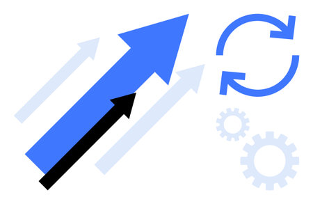 Dynamic upward arrows with gears and circular motion icon emphasize growth, process improvement, and productivity. Ideal for business success, innovation, strategy, technology, workflow, teamworkのイラスト素材