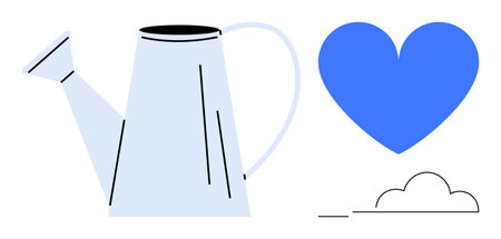 Watering can placed near a blue heart and minimalist cloud element. Ideal for gardening, nature, love, sustainability, environment, care, and growth themes. Perfect for a simple landing pageのイラスト素材