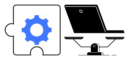 Blue gear inside a puzzle piece adjacent to a minimalist black laptop on a stand. Ideal for teamwork, technology, collaboration, innovation, problem-solving, workplace efficiency, technicalのイラスト素材