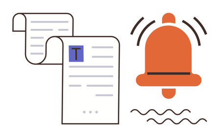 Bell ringing to signal alert beside document scroll with text highlights. Ideal for productivity, workflow updates, reminders, communication, tasks management, notifications, time management. Simpleのイラスト素材