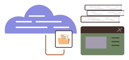 Cloud connected to file folder, stack of books, and application window. Ideal for education, file management, digital learning, cloud computing, organization, research simple flat metaphorのイラスト素材