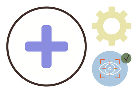 Purple plus sign within circle, yellow gear, eye focus indicator with checkmark. Ideal for...