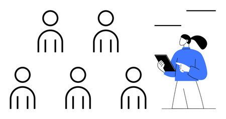 Standing woman holding a tablet interacts with a team of outlined people. Ideal for management, leadership, teamwork, virtual meetings, business strategy, training sessions, simple landing pageのイラスト素材