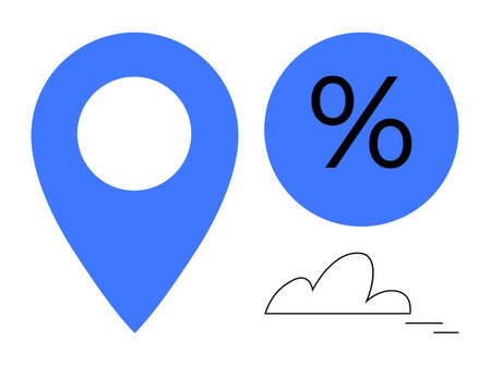 Blue location pin next to a percentage symbol, accompanied by a simple cloud sketch. Ideal for themes thumbs up location, navigation, discount, finance, weather, efficiency, and growth in a simpleのイラスト素材