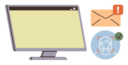 Desktop monitor, envelope notification, and facial recognition confirmation badge. Ideal for internet, identifications, cybersecurity, communication, software, user verification simple flat metaphorのイラスト素材