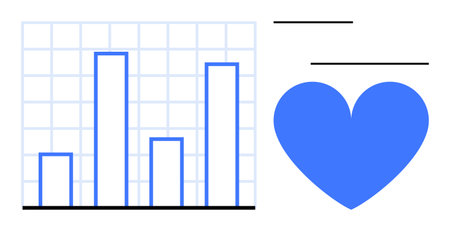 Bar chart analysis on grid background and blue heart symbol promoting harmony between data and emotion. Ideal for analytics, healthcare, research, technology, marketing, education, simple landingのイラスト素材