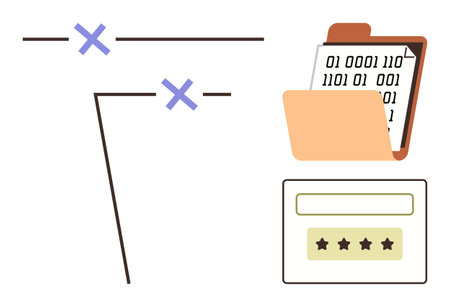 Crossed lines representing restrictions, binary file inside folder, and password field emphasize cybersecurity. Ideal for encryption, access control, data protection, coding, user security, hackingのイラスト素材