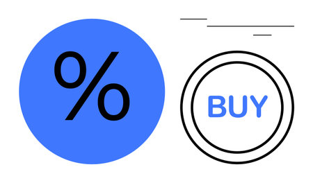 Blue percentage sign in a circle next to a circular buy button with minimalist lines. Ideal for sales, shopping, e-commerce, retail, promotions, marketing, payment designs. Simple flat metaphorのイラスト素材