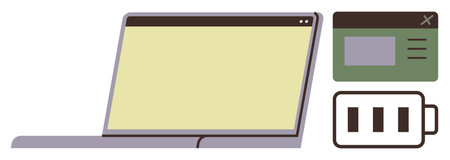Laptop with blank screen, popup window, full battery icon emphasizing technology, workflow, energy. Ideal for business, tech solutions, productivity, energy efficiency online tools UI designのイラスト素材