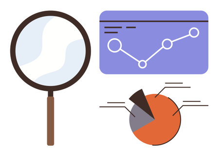 Magnifying glass examining growth trends via line graph and pie chart. Ideal for analytics, research, strategy, planning, data-driven decisions, education, innovation. Simple flat metaphorのイラスト素材
