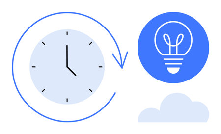 Clock with arrow circling around, lightbulb icon, and cloud below. Ideal for time management, innovation, productivity, creativity, brainstorming, workflow and simple landing pageのイラスト素材
