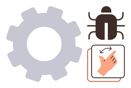 Gear symbol, bug icon, and swipe gesture highlight process, error debugging, and user interaction. Ideal for technology, software design, troubleshooting, user interface development workflowのイラスト素材