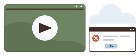 Green video player with play button next to error popup window over cloud background. Ideal for technology, media, UI design, error handling, systems, troubleshooting, online tools. Simple flatのイラスト素材