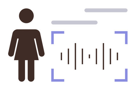 Female figure next to sound waves surrounded by a rectangular recognition frame. Ideal for technology, AI, voice recognition, biometrics, data security, personal identification, simple flat metaphorのイラスト素材