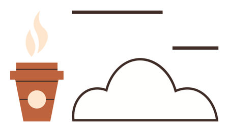 Hot coffee cup with steam next to a cloud and horizontal lines suggesting movement, freshness, or relaxation. Ideal for creativity, morning routine, coffee break, brainstorming, motivationのイラスト素材