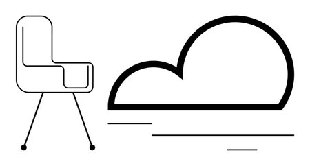 Chair and cloud in monochrome line style conveying comfort, modernity, digital connection, and mobility. Ideal for work-from-home, technology, design, networking, innovation minimalism simple flatのイラスト素材