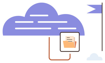 Minimalistic cloud graphic connected to a file folder with documents, representing online storage. Ideal for technology, data management, organization, file sharing, cloud computing, backup systemsのイラスト素材