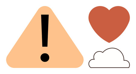Exclamation inside a triangle, red heart, and outlined cloud evoke themes of caution, empathy, and reflection. Ideal for safety, wellness, emotion, mindfulness sustainability love care simple flatのイラスト素材