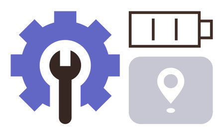 Gear and wrench for maintenance, battery indicating energy, and location marker for navigation. Ideal for repair, energy, optimization, mechanics, logistics technology innovation. Simple flatのイラスト素材