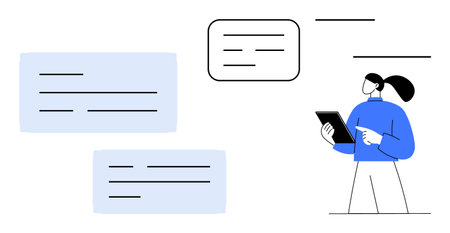 Woman holding tablet, surrounded by abstract floating text blocks. Ideal for technology, communication, business, remote work, e-learning, strategy, simple landing pageのイラスト素材