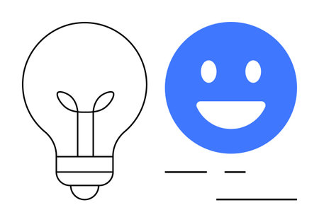 Lightbulb symbol for ideas paired with a blue smiling face. Ideal for creativity, innovation, positivity, inspiration, communication, learning, and a simple landing pageのイラスト素材