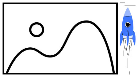 Abstract landscape with curved lines and a rising blue rocket. Ideal for innovation, creativity,...