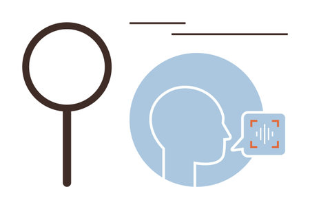 Magnifying glass, head profile with speech wave monitor highlight search, research, idea generation. Ideal for innovation, technology, analysis, AI, identity communication simple flat metaphorのイラスト素材