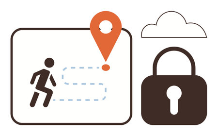 Person following a dotted path towards a location marker, surrounded by lock and cloud elements. Ideal for security, navigation, privacy, protection, progress, direction and data safety. Simple flatのイラスト素材