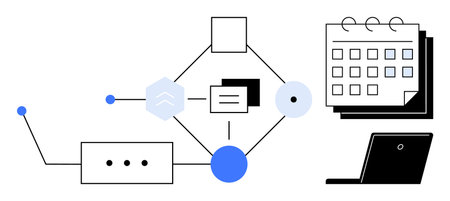 Network lines connecting task icons, calendar, and laptop emphasize scheduling, productivity, and collaboration. Ideal for business, automation, remote work, planning communication and organizationのイラスト素材