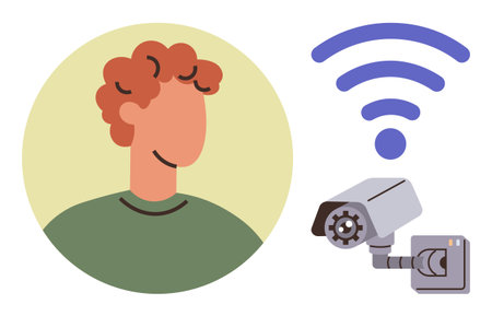 Person with simplified face, surveillance camera, and wireless signal representing security, privacy, AI, biometrics. Ideal for technology, privacy, surveillance AI data security monitoringのイラスト素材