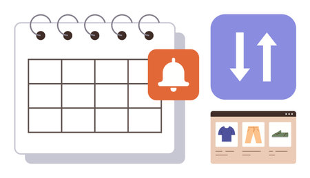 Calendar and alarm bell for reminders, bidirectional arrows for data sync, webpage of clothes for e-commerce. Ideal for time management, organization, e-commerce, scheduling, notifications, dataのイラスト素材